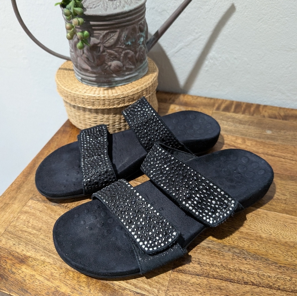 Vionic Black Leather Adjustable 2-Strap Slide San… - image 4